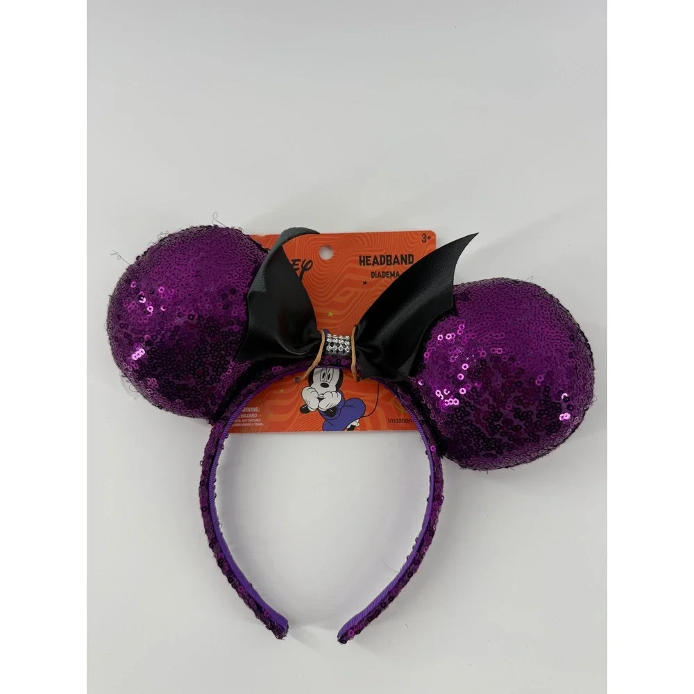 Disney Minnie Mouse Halloween Purple Sequin Bat Bow Headband Ears MM3116